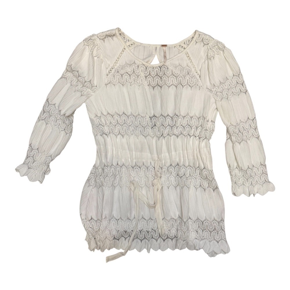 Free People Women's Top Size M Cream White Long Sleeve Boho Floral Lace Blouse